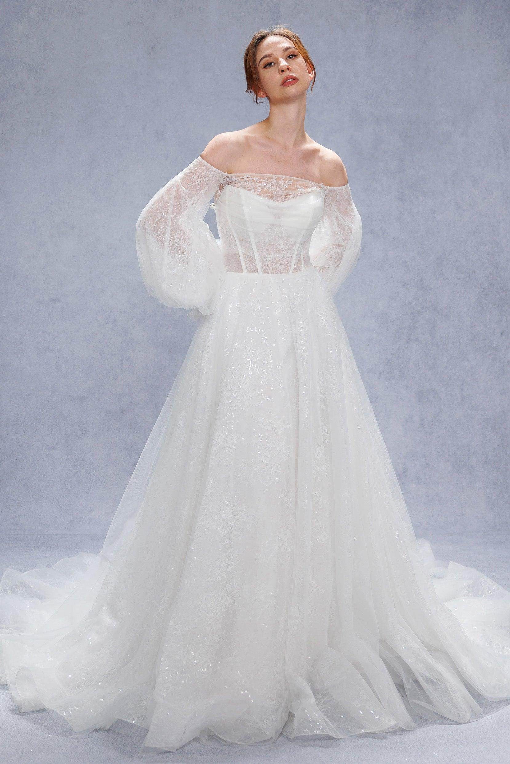 A-Line Court Train Lace Tulle Wedding Dress CW3337 - COCOMELODY